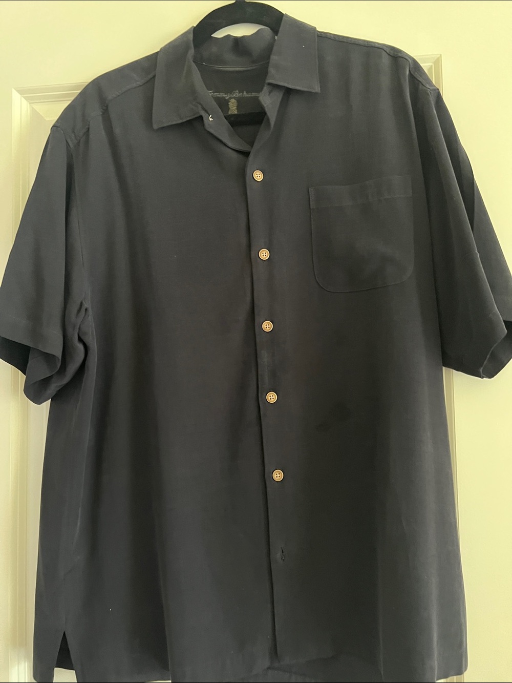 Men's Navy Short-Sleeve Button Down Shirt with embroidery on back